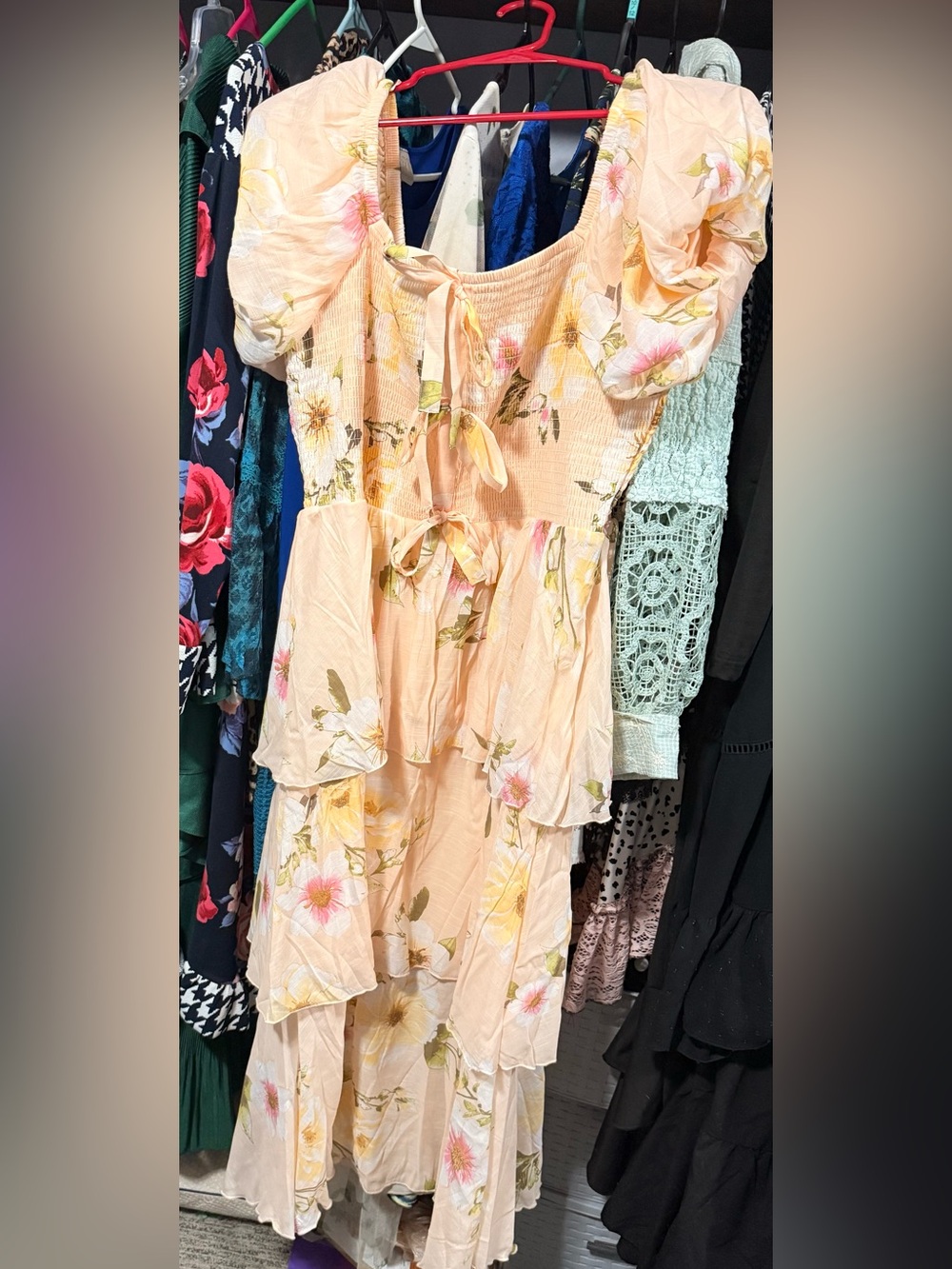 Peach Floral Tiered Midi Dress with Puff Sleeves